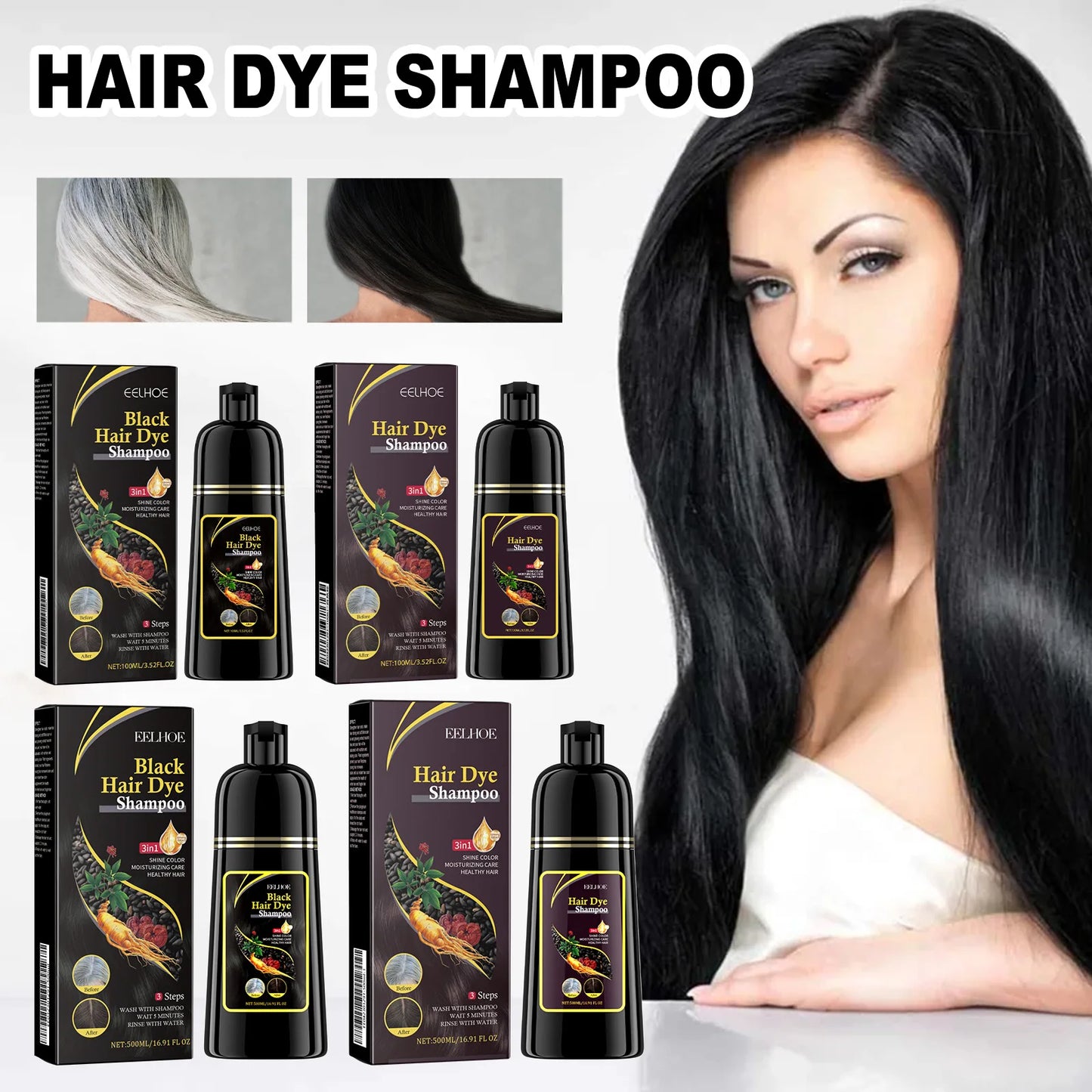Eelhoe Black Hair Dye Shampoo Polygonum Multiflorum Moisturizing Hair 3 In 1 Cleaning Repair Softening Haircare Products