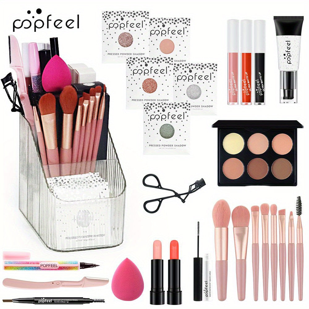 All purpose makeup set gift set, including eye shadow plate, foundation make-up, lip gloss, powder blusher, brush, eyeliner pen, etc. - mixed tone system, suitable for professional and personal use, with makeup box for storage