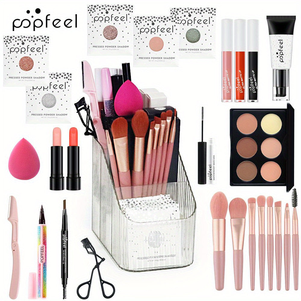 All purpose makeup set gift set, including eye shadow plate, foundation make-up, lip gloss, powder blusher, brush, eyeliner pen, etc. - mixed tone system, suitable for professional and personal use, with makeup box for storage