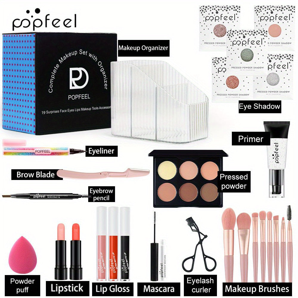 All purpose makeup set gift set, including eye shadow plate, foundation make-up, lip gloss, powder blusher, brush, eyeliner pen, etc. - mixed tone system, suitable for professional and personal use, with makeup box for storage
