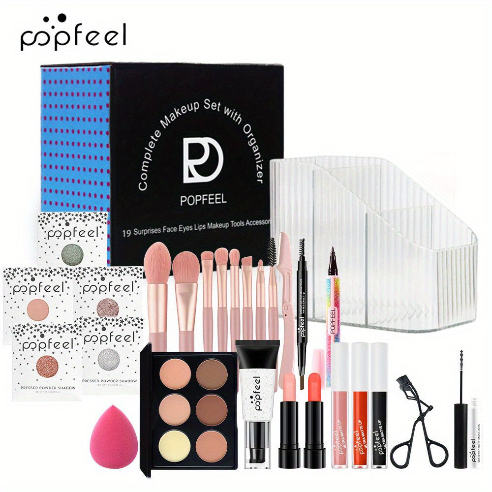 All purpose makeup set gift set, including eye shadow plate, foundation make-up, lip gloss, powder blusher, brush, eyeliner pen, etc. - mixed tone system, suitable for professional and personal use, with makeup box for storage