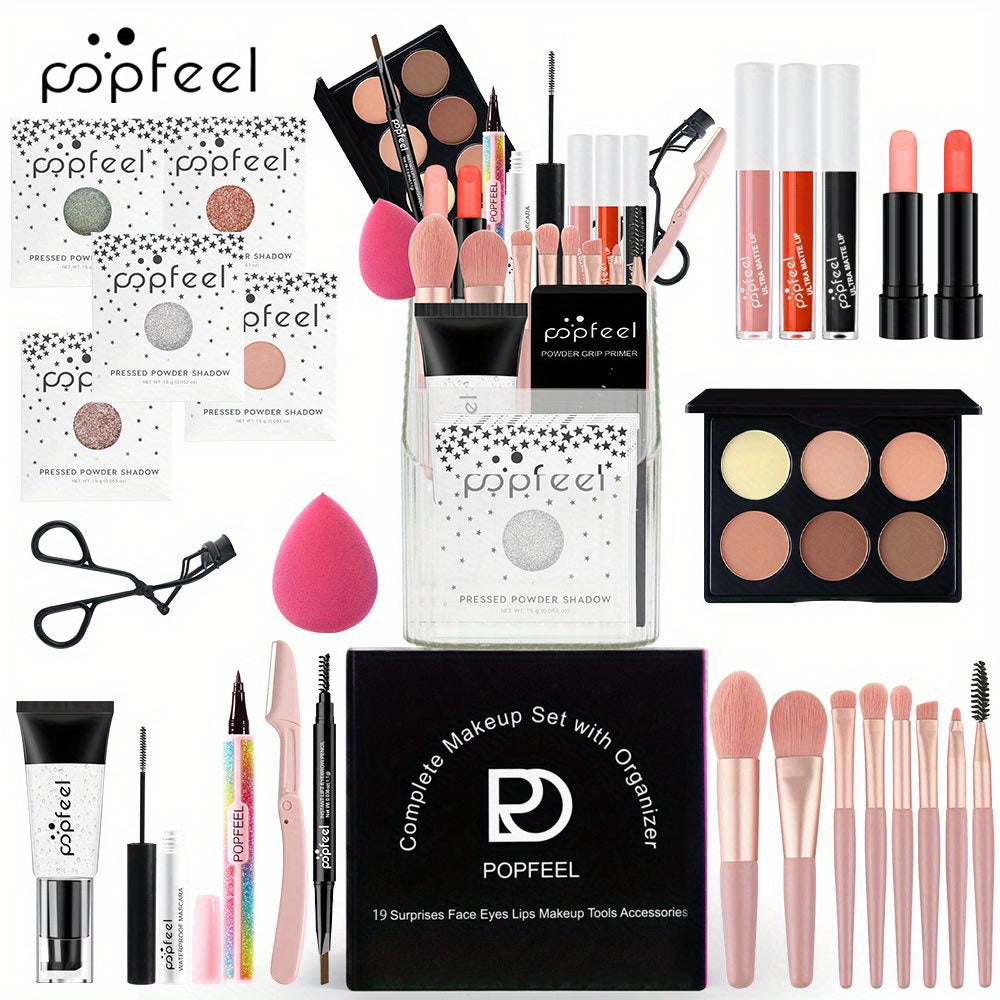 All purpose makeup set gift set, including eye shadow plate, foundation make-up, lip gloss, powder blusher, brush, eyeliner pen, etc. - mixed tone system, suitable for professional and personal use, with makeup box for storage