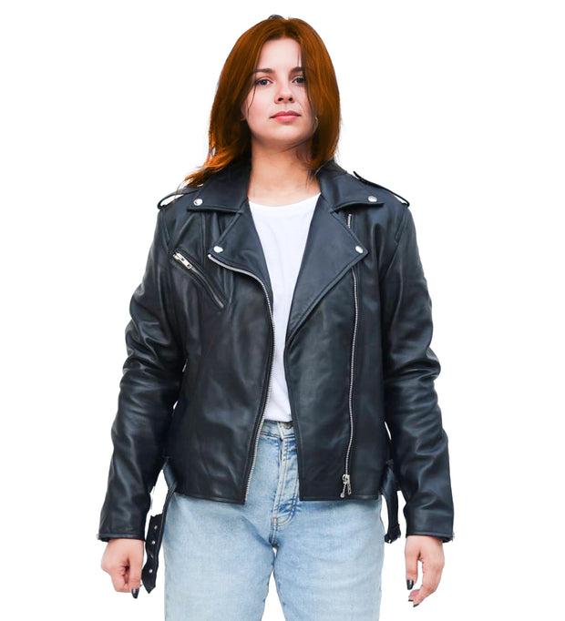 Lina  Genuine Leather Biker Jacket For Women Zipper Closure Black