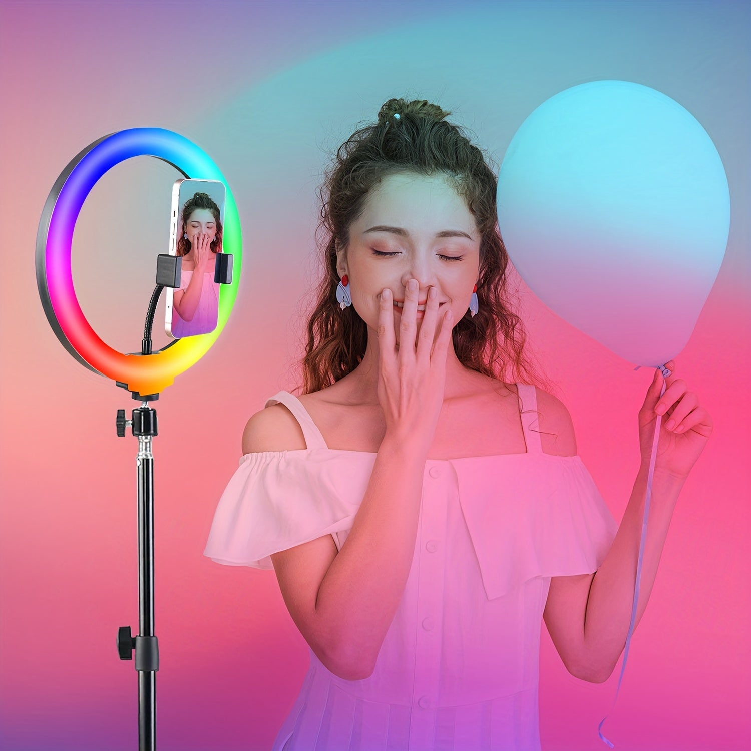 10" Selfie Ring Light With Tripod Stand, 43.3'' Tall & Phone Holder, 38 Color Modes, RGB Stepless Dimmable/Speed LED Ring Light For Live Stream Video, Photos, Make Up, 3 Color Modes For Hotel