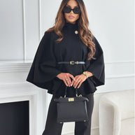 New Stand Collar Batwing Sleeves Cloak Top With Belt Ins Fashion Temperament Jacket Woolen Sweater Outwear For Women Clothing