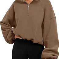 Loose Sport Pullover Hoodie Women Winter Solid Color Zipper Stand Collar Sweatshirt Thick Warm Clothing