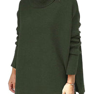 Turtleneck Sweater Mid Length Batwing Sleeve Slit Hem Tunic Pullover Sweaters Winter Tops Women Clothing