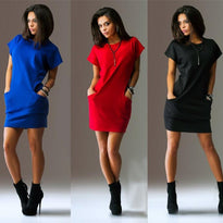 Summer Fashion Women Clothing Casual Short Sleeve O-Neck Black Blue Dresses Slim Pocket Bodycon T Shirt Dress
