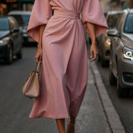 Loose Batwing Sleeve Dress Fashion Waist-tighted Solid Color Elegant Dresses For Women Clothing