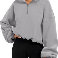 Loose Sport Pullover Hoodie Women Winter Solid Color Zipper Stand Collar Sweatshirt Thick Warm Clothing