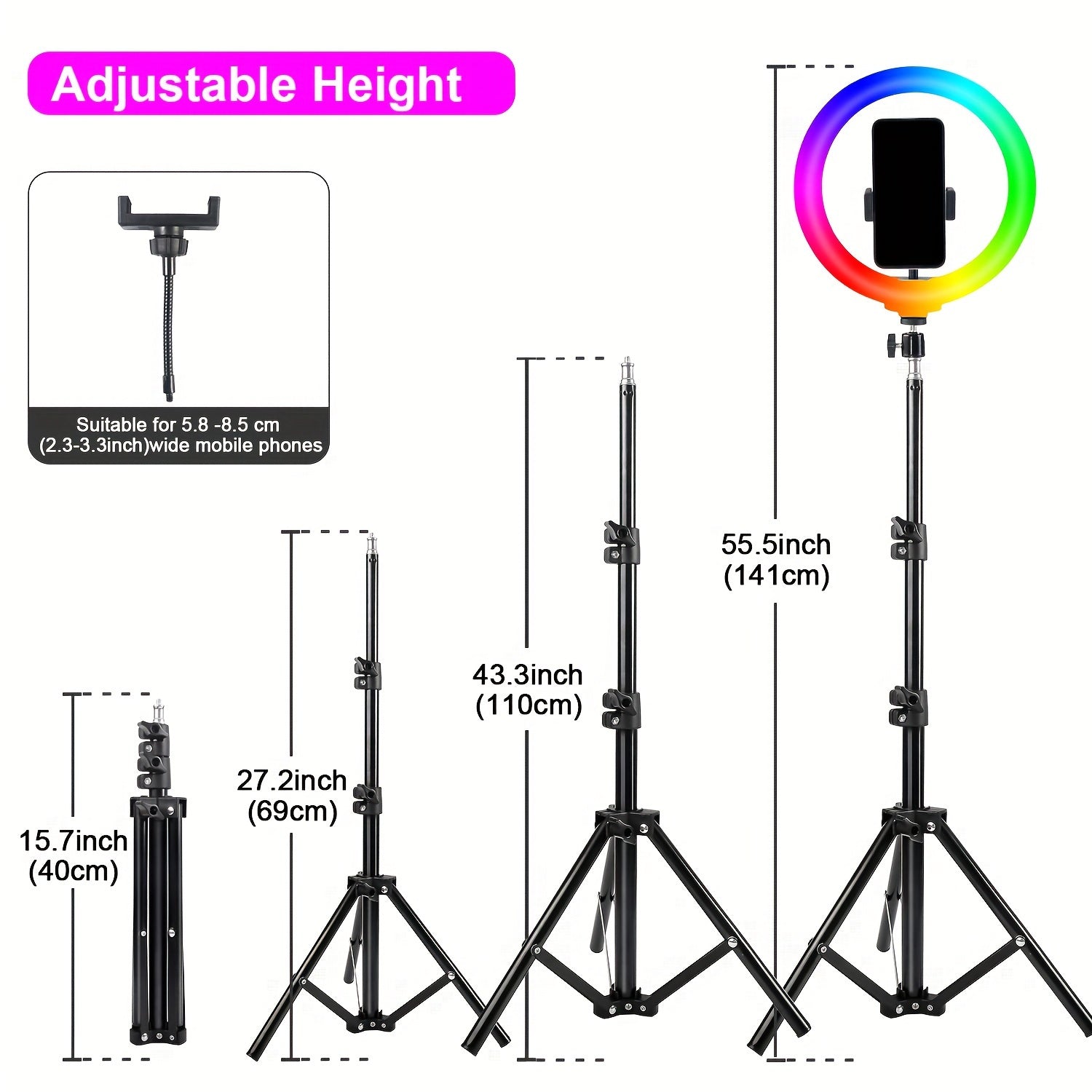 10" Selfie Ring Light With Tripod Stand, 43.3'' Tall & Phone Holder, 38 Color Modes, RGB Stepless Dimmable/Speed LED Ring Light For Live Stream Video, Photos, Make Up, 3 Color Modes For Hotel
