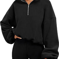 Loose Sport Pullover Hoodie Women Winter Solid Color Zipper Stand Collar Sweatshirt Thick Warm Clothing