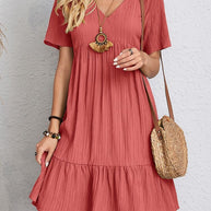 V-neck Short Sleeve Dress Summer Fashion Casual Loose Ruffled Dresses Beach Clothing Women