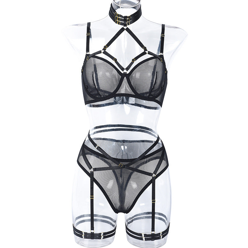 Black Mesh Halter Neck Bra & Panty Set with Elastic Band Front View