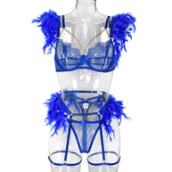 Blue Enchanting Lace Bra & Panty Set with Garter Front View