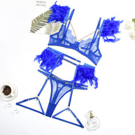 Blue Enchanting Lace Bra & Panty Set with Garter Over View