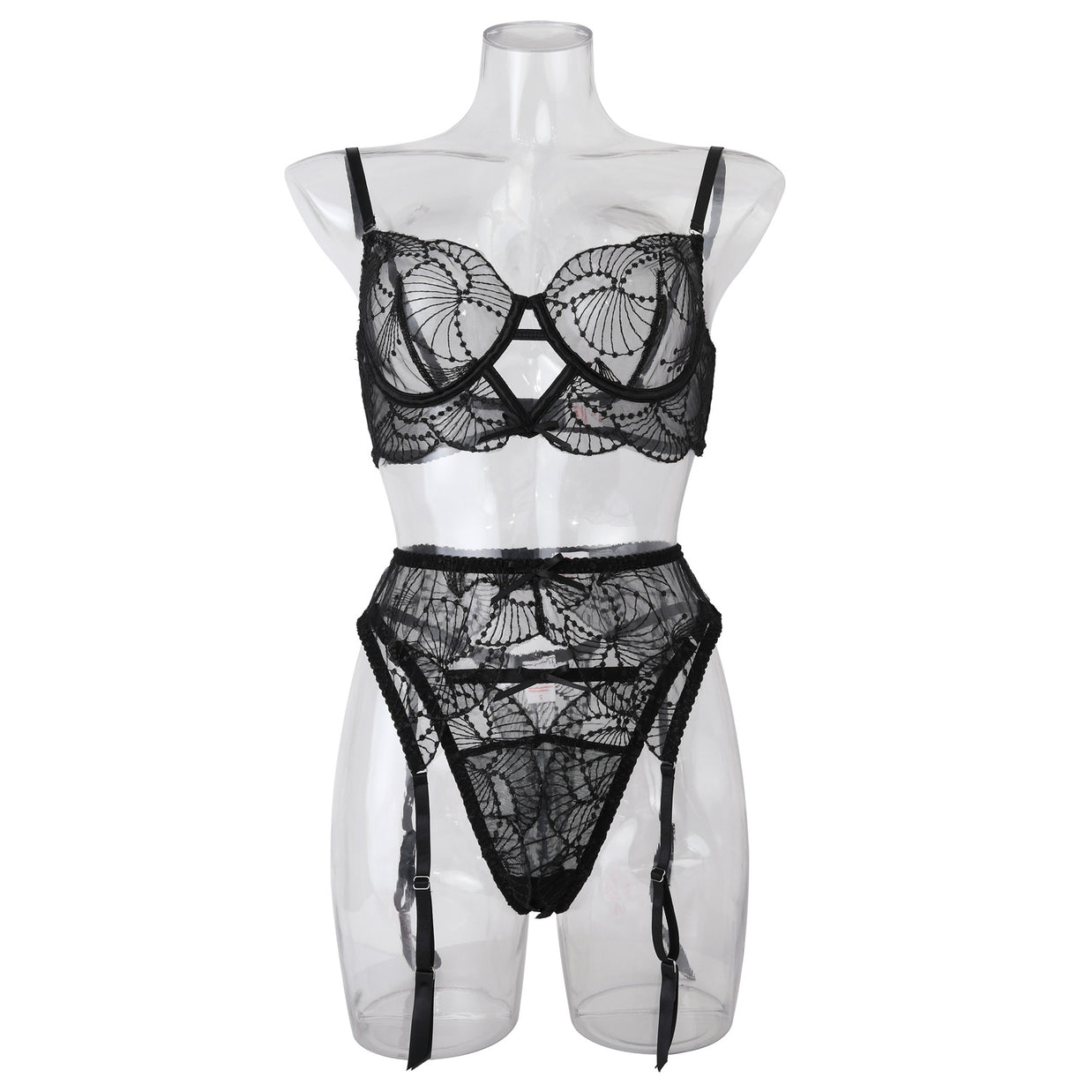 Elegance Sheer Bra and Panty Ensemble with Suspenders Front View