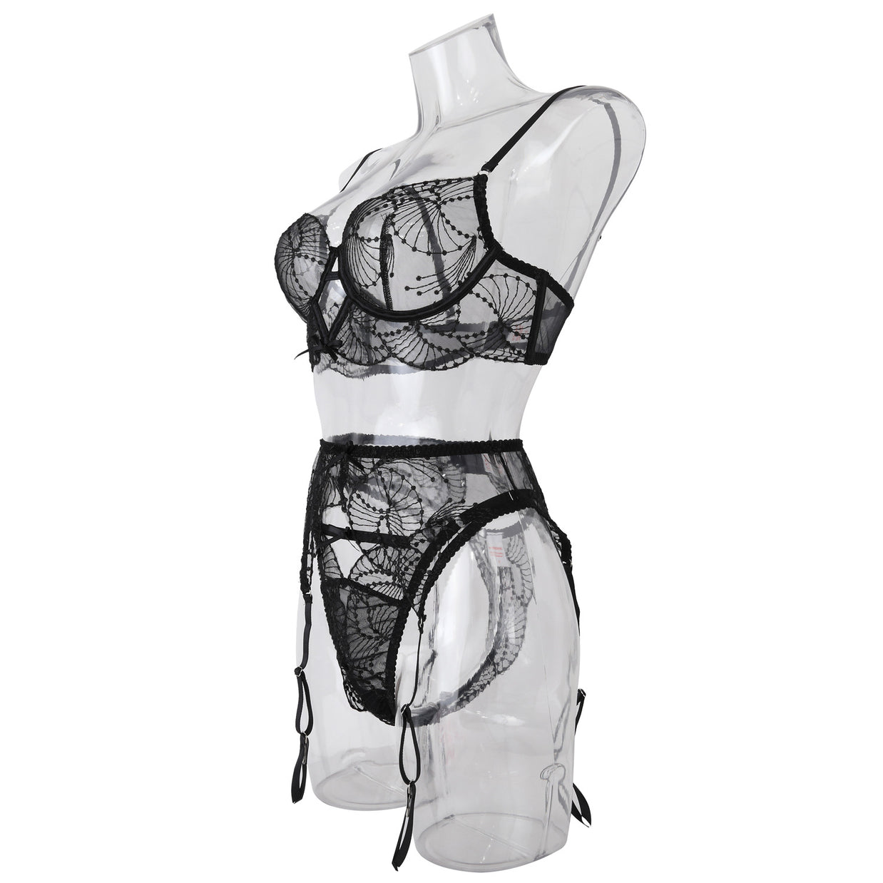 Elegance Sheer Bra and Panty Ensemble with Suspenders Side View
