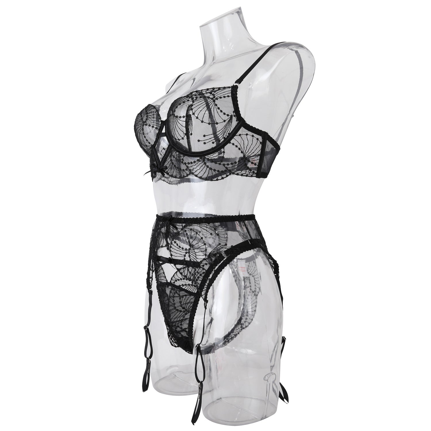 Elegance Sheer Bra and Panty Ensemble with Suspenders Side View