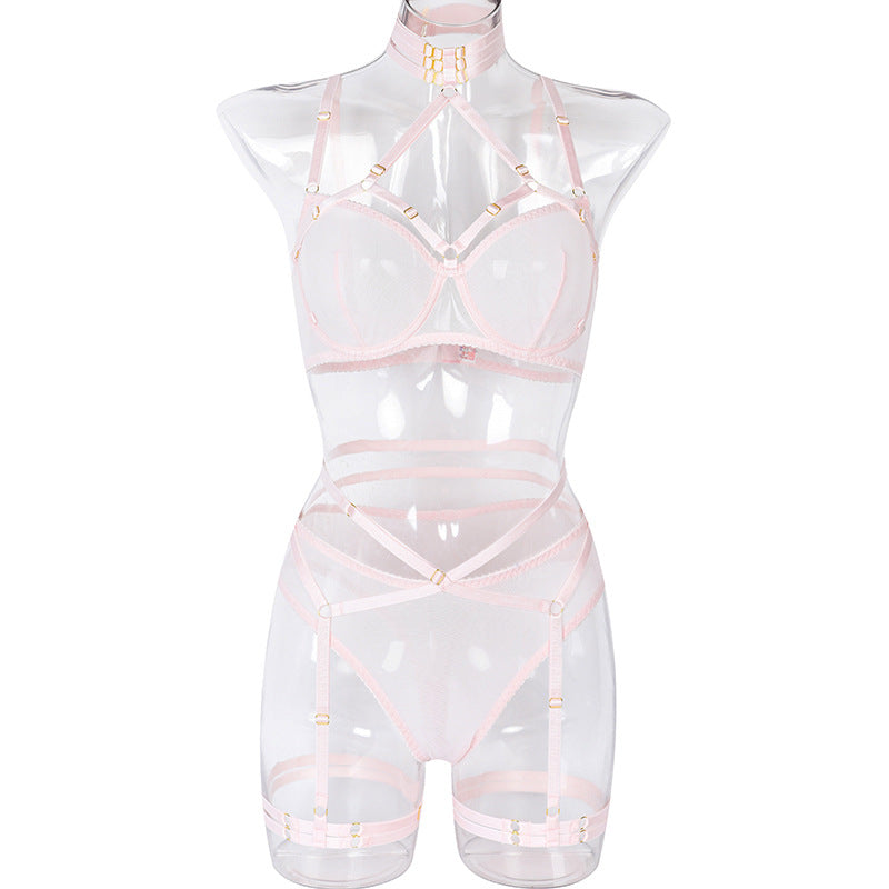 Mesh Halter Neck Bra & Panty Set with Elastic Band Front View