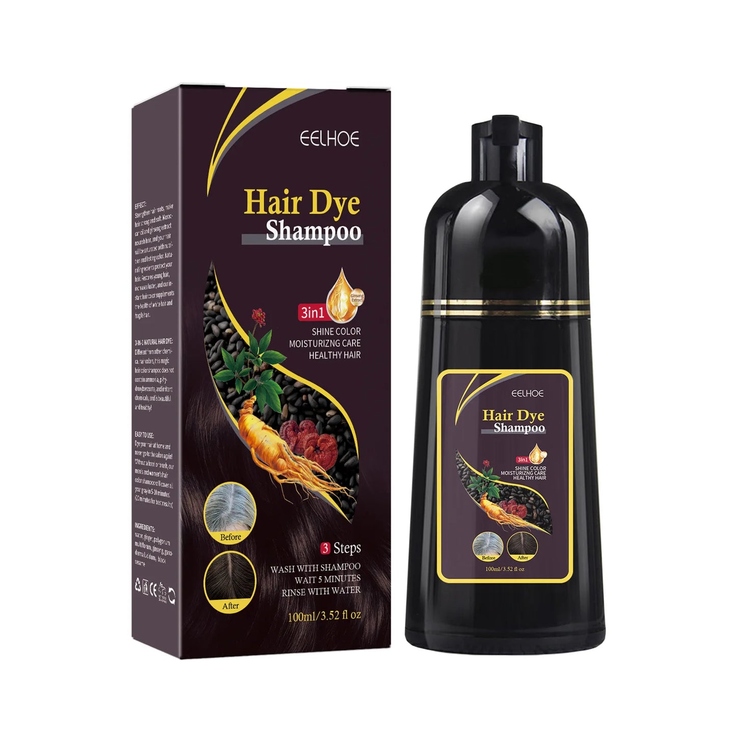 Eelhoe Black Hair Dye Shampoo Polygonum Multiflorum Moisturizing Hair 3 In 1 Cleaning Repair Softening Haircare Products