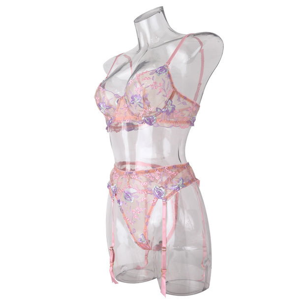 Stunning Sexy Bra and Panties Set with Purple Embroidery - B2B Lingerie Supplier Side View