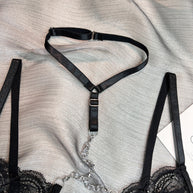 Wholesale Black Classy Lace Bralette and Panty Set with Halter Neck Garter Details