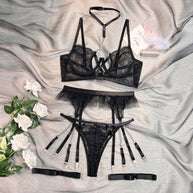 Wholesale Black Classy Lace Bralette and Panty Set with Halter Neck Over View