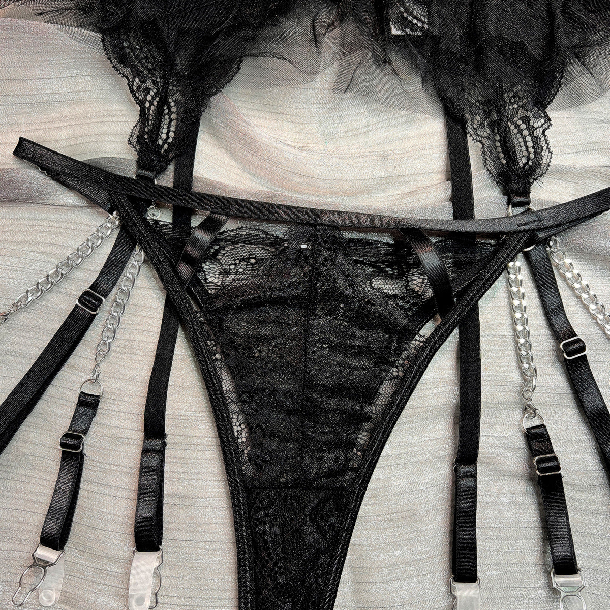 Wholesale Black Classy Lace Bralette and Panty Set with Halter Neck Panty Details