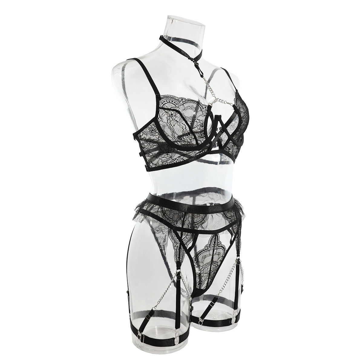 Wholesale Black Classy Lace Bralette and Panty Set with Halter Neck Side View