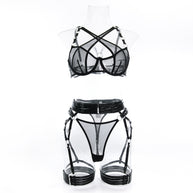 Wholesale Black Modern Bra and Panties Set with Garter Front View