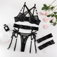 Wholesale Black Modern Bra and Panties Set with Garter Over View