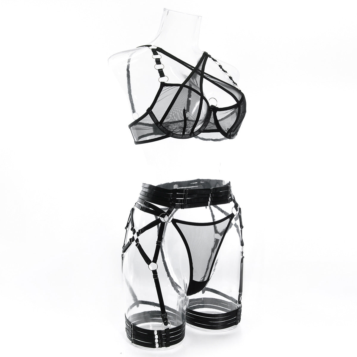 Wholesale Black Modern Bra and Panties Set with Garter Side View