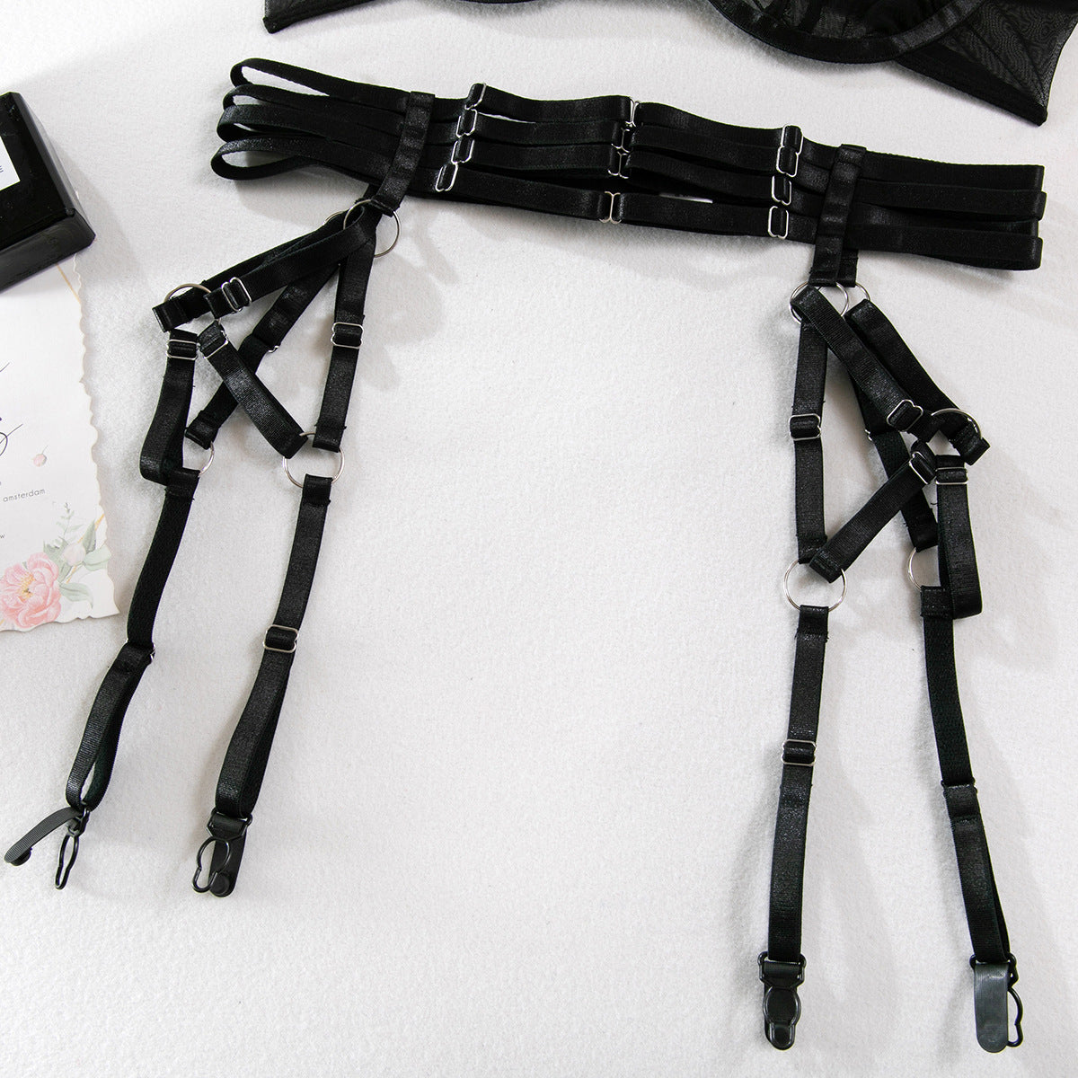 Wholesale Black Modern Bra and Panties Set with Garter garter Details