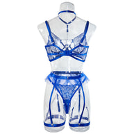 Wholesale Blue Classy Lace Bralette and Panty Set with Halter Neck Back. DISPLAY