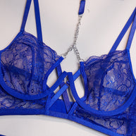 Wholesale Blue Classy Lace Bralette and Panty Set with Halter Neck Bra Details