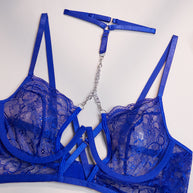 Wholesale Blue Classy Lace Bralette and Panty Set with Halter Neck Bra Show