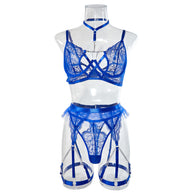 Wholesale Blue Classy Lace Bralette and Panty Set with Halter Neck Side Dispaly