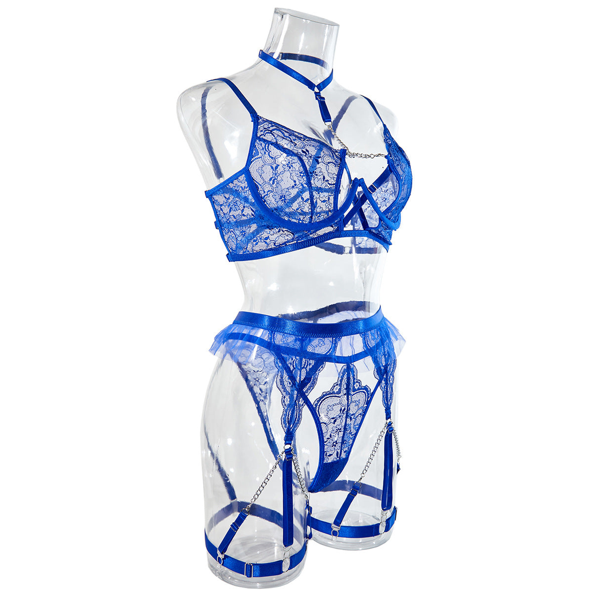Wholesale Blue Classy Lace Bralette and Panty Set with Halter Neck Side Display