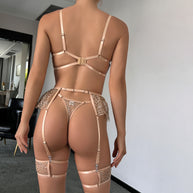 Wholesale Fancy Bra Panty Set in Beige Mesh with Embroidery Back Show