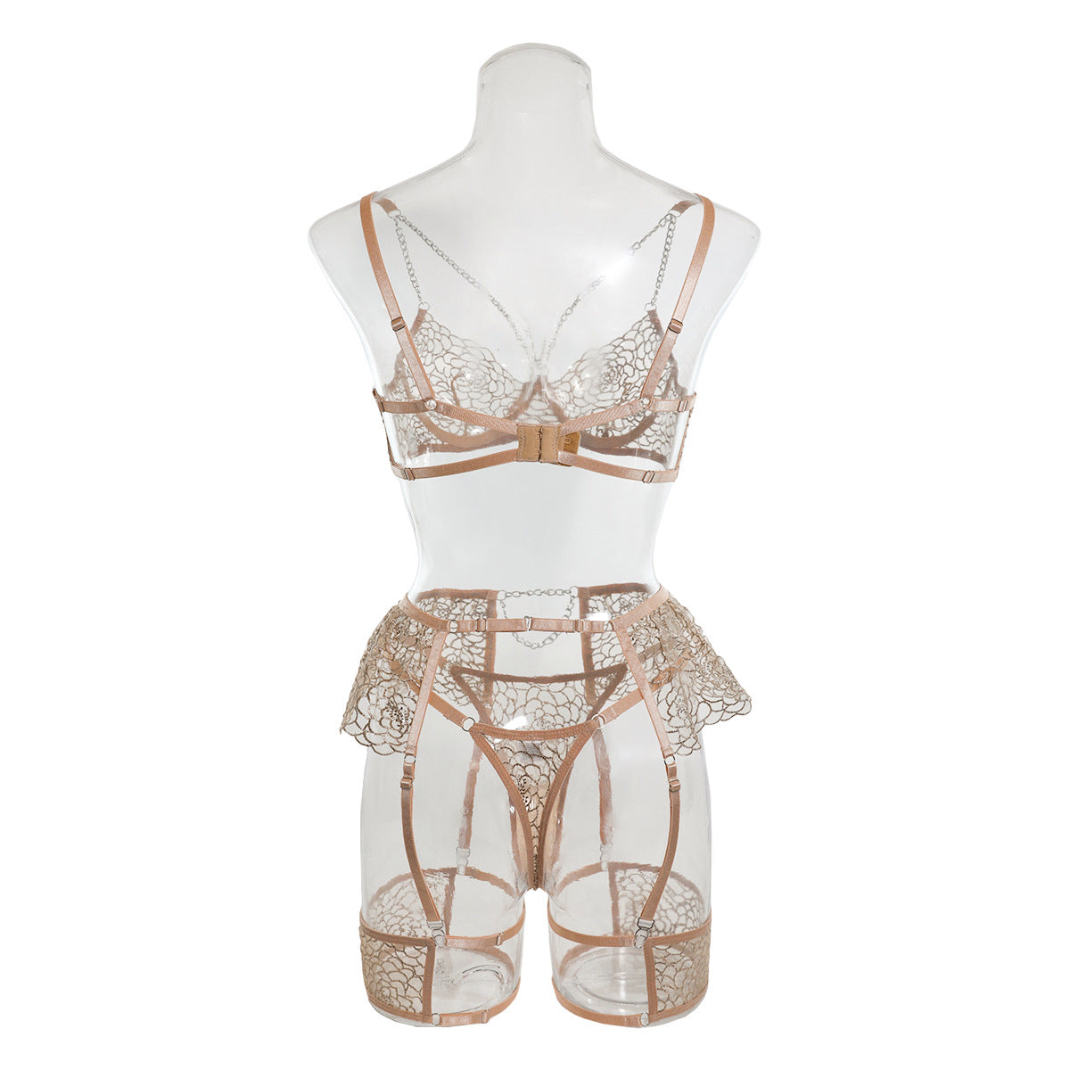 Wholesale Fancy Bra Panty Set in Beige Mesh with Embroidery Back View