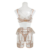 Wholesale Fancy Bra Panty Set in Beige Mesh with Embroidery Back View