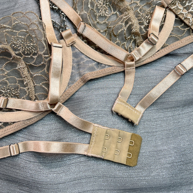 Wholesale Fancy Bra Panty Set in Beige Mesh with Embroidery Bra Back Details