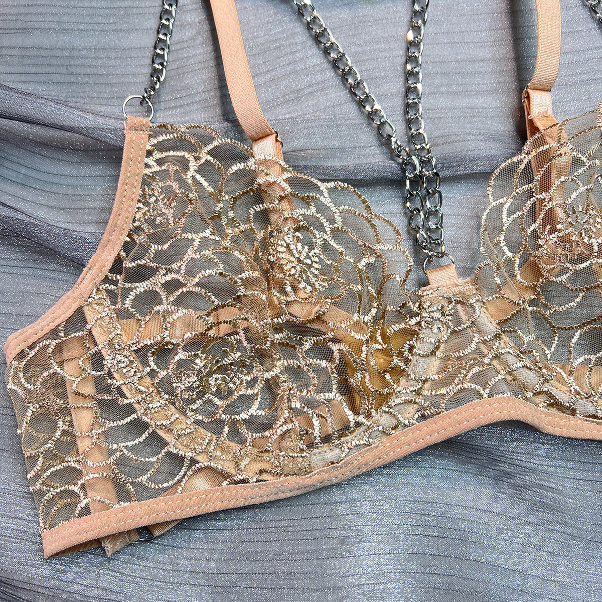 Wholesale Fancy Bra Panty Set in Beige Mesh with Embroidery Bra Show