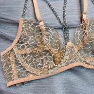 Wholesale Fancy Bra Panty Set in Beige Mesh with Embroidery Bra Show