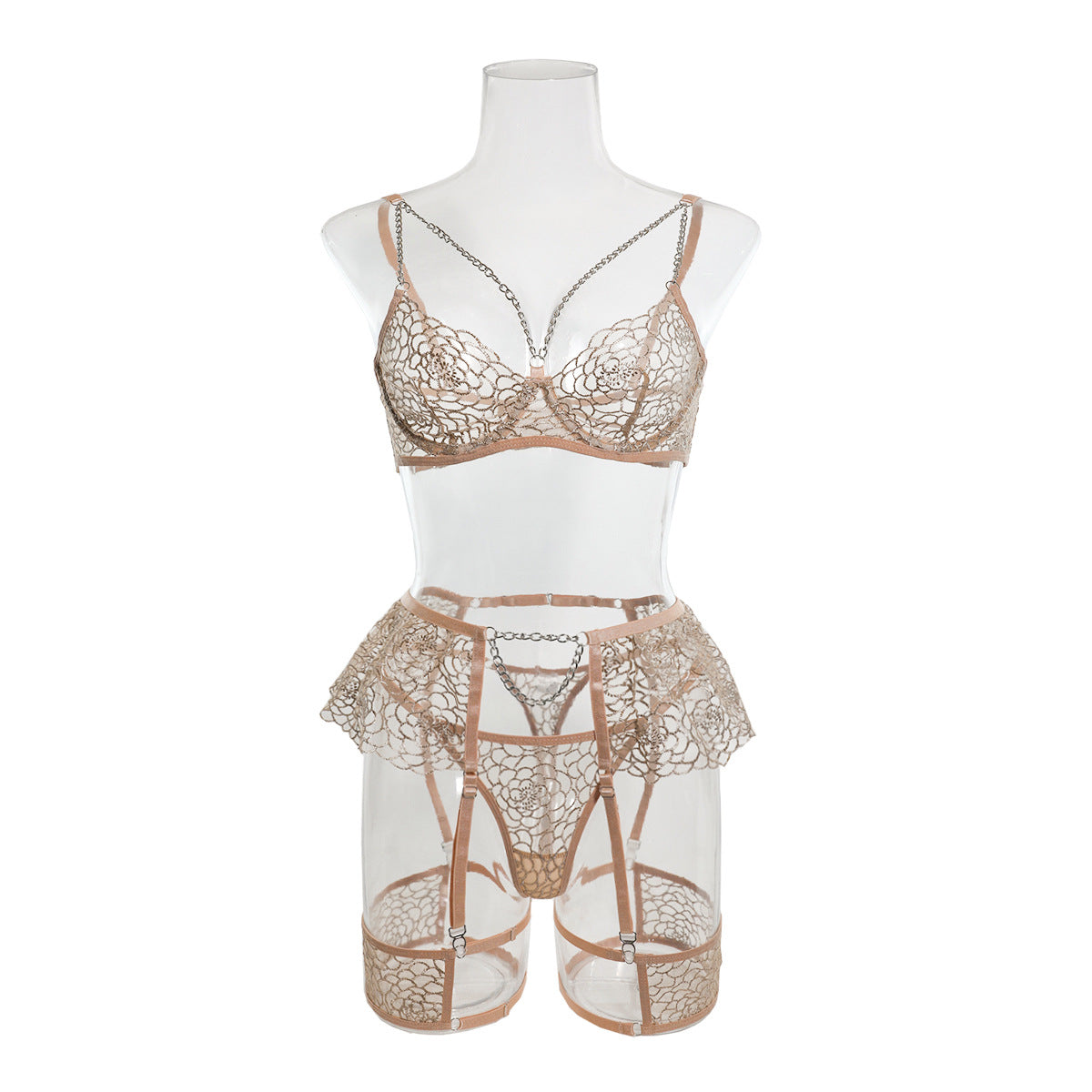 Wholesale Fancy Bra Panty Set in Beige Mesh with Embroidery Front View
