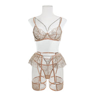 Wholesale Fancy Bra Panty Set in Beige Mesh with Embroidery Front View