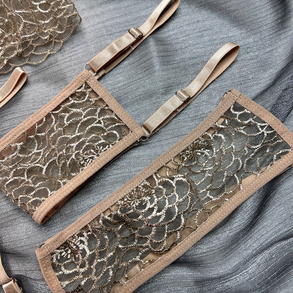 Wholesale Fancy Bra Panty Set in Beige Mesh with Embroidery Leg Ring Details