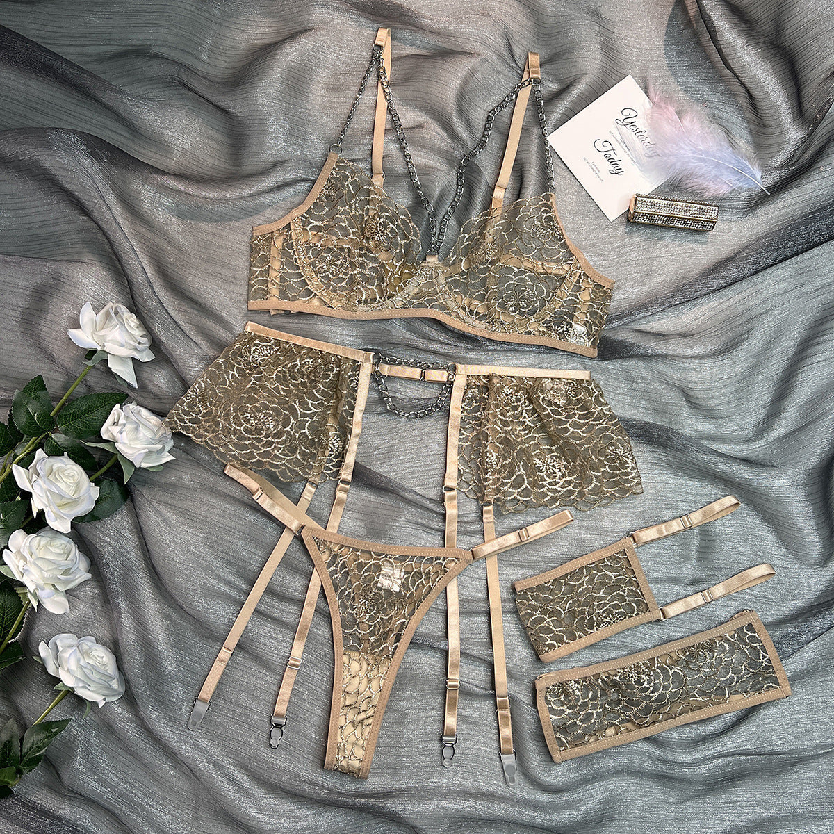 Wholesale Fancy Bra Panty Set in Beige Mesh with Embroidery Over View