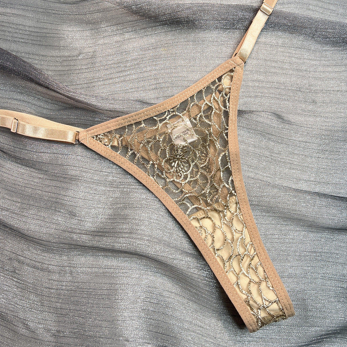 Wholesale Fancy Bra Panty Set in Beige Mesh with Embroidery Panty Details